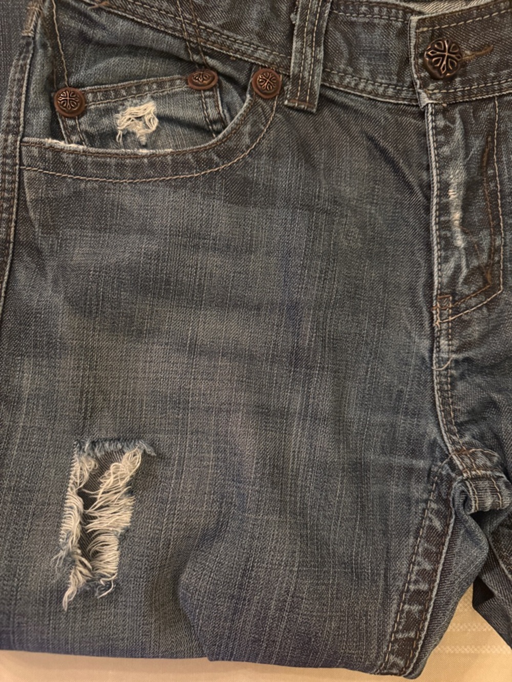 Affliction Distressed Blue Jeans with Embroidered Cross Back Pockets - Picture 5 of 9